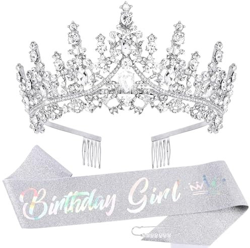 Juego de Tiara de Corona y Faja de Cumpleaños,Faja de cumpleaños de niña tiara,Corona de cristal tiara,Corona cumpleaños mujer,para decoracion fiesta cumpleaños de niña y mujer, Plata