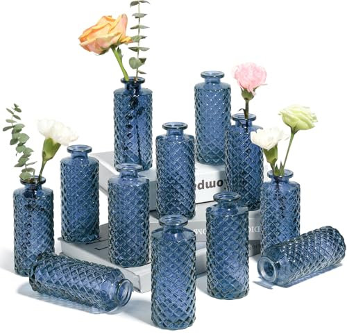 ComSaf Glass Bud Vases Set of 12, Small Diamond Bud Vases in Bulk, Mini Flowers Vases for Centerpieces, Vintage Decor Centerpiece for Table, Wedding Recepetion, Home, Housewarming Gift (Grey Blue)