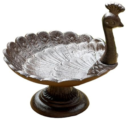 Peacock Bird Bath Cast Iron Antique Style Brown Round Garden Dish Feeder Small