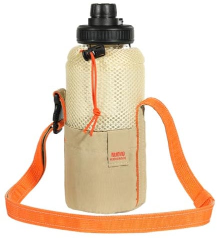Nuovoware Water Bottle Carrier Bag, 20OZ Holder With Adjustable Shoulder Strap, Foldable Lightweight Drawstring Bag With Pocket for Hiking Traveling Climbing, Orange+Greige