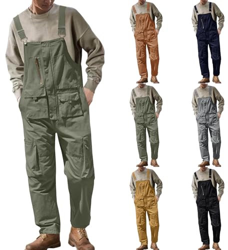 Tuta da uomo con cinghie regolabili, tuta da lavoro, leggera, con cerniera, abbigliamento da lavoro con tasca cargo, Ck001-verde militare, Small