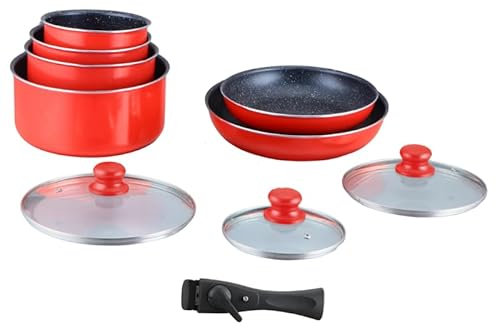 HAGEN, Batterie de cuisine revêtement pierre, Manche amovible, 10 pièces, Rouge, Revêtement anti-adhésif, Tous les types de feux, y compris l'induction, HA04623