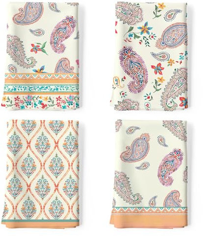 Arquiel Küchentücher Baumwolle 4 Stück, Geschirrtücher 100% Baumwolle Herbst Orangefarbenes Paisley Küchenhandtuch Set Multi-Purpose Hochwertige Küche Trockentuch Bar Handtücher 48 x 70CM