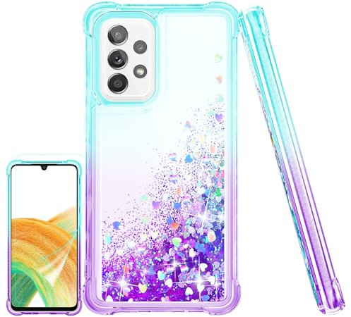 Kompatibel mit Samsung Galaxy A35 5G Hülle,(Unzerstörbar Stoßfestigkeit) Handyhülle Transparent Flüssigkeit Glitzer Silikon TPU Mädchenhaft Frau Handyhülle, Hülle für Samsung A35 5G,Blaugrün/Lila