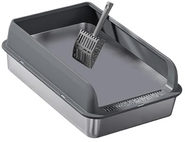 Dualoai Katzentoilette aus Edelstahl, niedriger Einstieg, hohe Seitenwände, halb geschlossen, mit Schaufel, Dunkelgrau und M