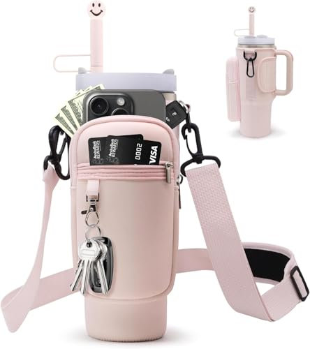 Theaque Water Bottle Carrier Bag for Stanley 40oz Tumbler with Phone Pocket, Water Bottle Holder Pouch with Adjustable Strap & Straw Cover, Stanley Cup Accessories (Rose Quartz)