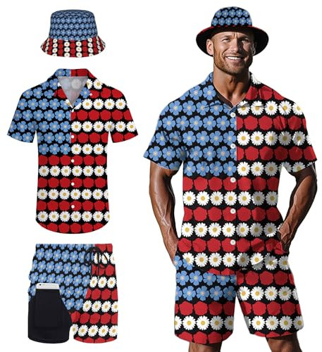 Nhjk Herren Hawaiihemd und Shorts Set, USA-Flagge, Blumen, Large