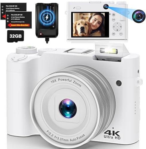 Cámara Digital 4K,64 MP Enfoque Automático Cámara de Fotos de Vlogging, Antivibración, 16X Zoom Digital, con Tarjeta 32GD y 2 Baterías, Cámara Compacta para Jóvenes y Principiantes (Blanco)