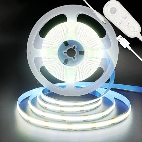Clearhill 5V USB Motion Sensor Dimmable Flexible LED Strip Lights,16.4FT/5M,Cool White 6500K Bright Lights,8mm Width,320LEDs/M,Not Waterproof IP 20,for Closet Light Bedroom Cabinet Stair