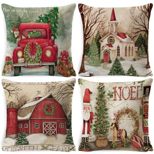 BASTOUR 4er Set Kissenbezug Weihnachten, Kissenhülle Baumwolle, Leinen Sie Kissenbezüge, Weihnachten Dekorative Kissenhülle Weihnachtsdekoration, Weihnachten Deko Kissen, Weihnachtskissen, 45x45cm