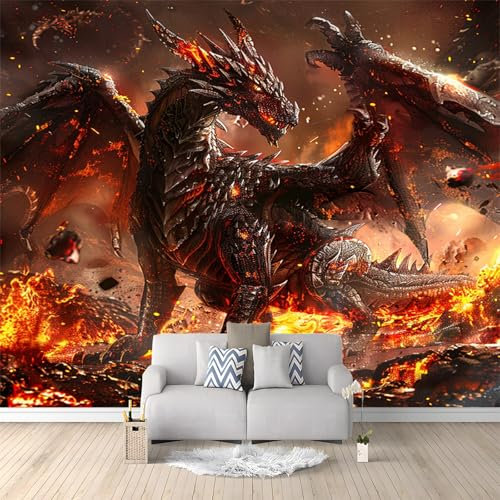 Fantasy-Mythischer Drache Wandgemälde Tapete Benutzerdefinierte 3D-Wandbild Rot Fototapete Für Schlafzimmer Wohnzimmer Sofa Tv Hintergrund Wanddekoration Vliespapier, 300x210 cm