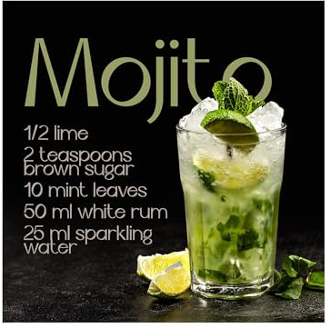 Küchenbild Recipe Mojito 30 x 30 cm I ERFRISCHENDER Cocktail I Glasbild mit Mojito Rezept und Zutaten I Bild für Küche & Bar I Cocktail Deko I Wandbild dunkler Hintergrund I Moderne Küchenbilder Set