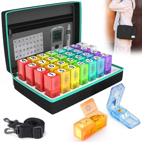 Large Capacity Monthly Pill Box Organiser, 2 Times A Day AM PM Tablet Dosset Box, with Pill Cutter & Reminder Stickers, Portable Pill Case for Medication Vitamins Fish Oil (Rainbow)
