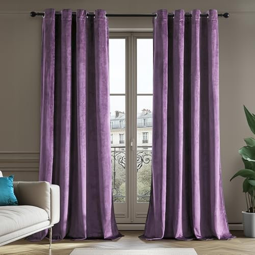 Deconovo Samt Vorhang 100% Verdunkelung Blickdicht Vorhänge mit Ösen für Schlafzimmer Velvet Curtains Gardinen Wohnzimmer Kälteschutz Samtvorhang Thermovorhang, 280x140cm(HöhexBreite), Lila, 2er Set