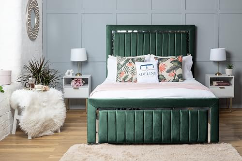 ADELINE WATERSON Cheshire Line Panel Upholstered Bed - Plush Velvet Headboard & Footboard - Gas Lift Storage With Black Board Base (Emerald, Double - Gas Lift, Without Mattress)