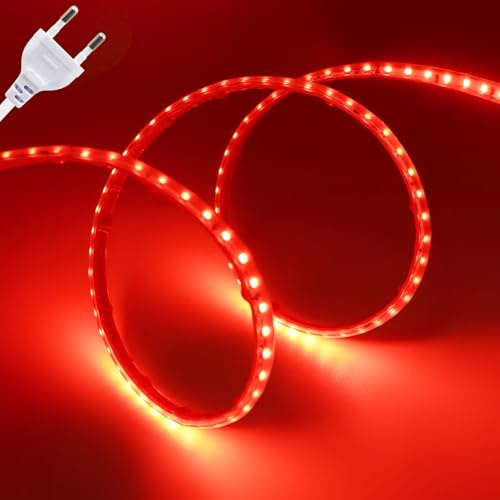 Wisada Anschluss an AC220-240V LED Streifen, 5M 120LEDs/m SMD2835 Flexible Superhell Rot CRI≥90 LED Lichtband, LED Band Lichtschlauch Leiste Kette Selbstklebend mit Stecker für Weihnachten