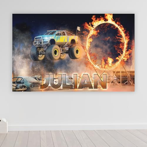timalo® Cooles Monstertruck Poster personalisiert mit Namen | Bild für die Wand | Wandbild für Kinder Jungen mit Feuer Auto Kinderzimmer Deko | child008-B140xH61cm