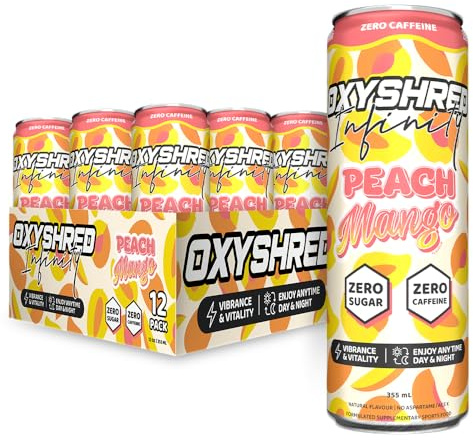 EHP Labs OxyShred Infinity Caffeine Free Energy Drink - Sugar Free Energy Drinks with L Theanine & Vitamins for Clean Energy, Focus & Mood Support - Zero Calories, Zero Carbs. Peach Mango 12 Pack