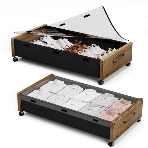 KITHELP Wooden Under Bed Storage with Wheels, Rolling Under the Bed Storage Bins with Removable Lid, Metal Under Bed Drawers for Clothes and Shoes in Bedroom or Living Room(Walnut Brown-2pack)