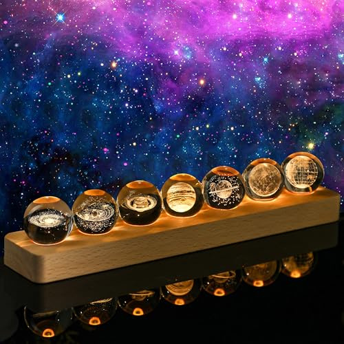 kanpura Set of 7 Planet Crystal Ball Night Light 1.57-inch Solar System Galaxy Decorative Balls with LED Wooden Base for Meditation Positive Energy Decor