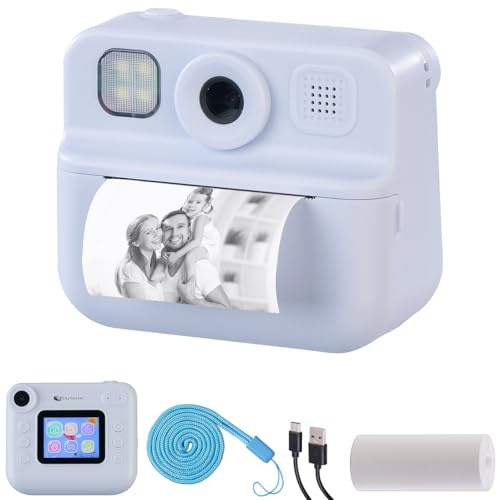 Playtastic Kinderkamera: Kinder-Sofortbild-Kamera mit Selfie-Objektiv, 2-Display, 48 MP, blau (Sofortbildkamera Kinder, kindgerechte Sofortbildkamera, Strand)