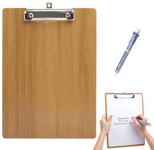KQDRAVINE Klemmbrett A4 Holz mit 6 Farben Kugelschreiber, Klemmbretter A4, Clipboard Set, Schreibunterlage mit Metallklammer für Büro Schule Skizzen Reise Täglichen Besorgungslisten (Kirschholz-Farbe)