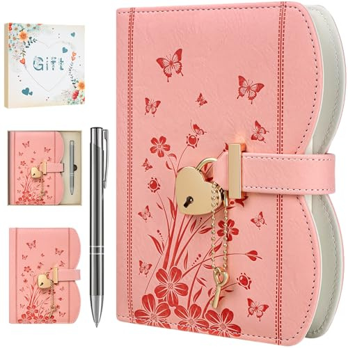 HwxBen Diary with Lock and Keys for Girls and Women, Ideas with Gift Box and Pen and Bookmark, Journal for Women with 244 Pages, B6 Refillable Notebook with Lock for Writing, Pink