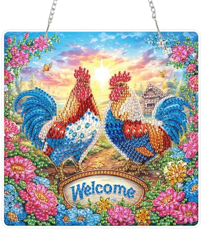 AIRDEA Zwei Hühner Diamond Painting Fensterbilder, 5D Brillante Bauernhof Diamond Painting Fensterbilder Beidseitig, Bausätze für Diamantmalerei Suncatcher Erwachsene 8x8 inch