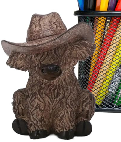 Highland-Kuh-Skulptur – Einheitsgröße, detaillierte Cowboy-Rinderstatue, bezauberndes Tierornament | Desktops, Tische, Schlafzimmer, Wohnzimmer, Bücherregale, Wohnräume, Büroräume, tägliche Styling-Sz