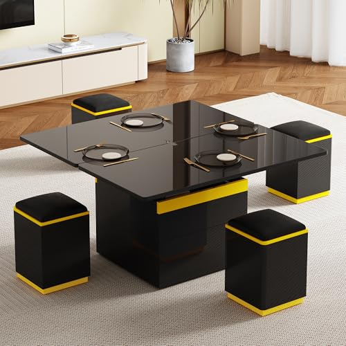 Gxffipw Hochglanz Couchtisch Höhenverstellbar Wohnzimmertisch mit 4 Stauraum Hockern, Sofatisch Coffee Table mit Schubladen und Ausziehbare Tischplatten, Wohnzimmer Tisch für Couch, Schwarz+Gelb