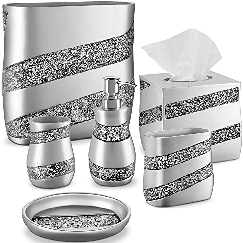Bathroom Accessories Dwellza Silver Mosaic Set 6 Piece Bath Set Collection Features Soap Dispenser Toothbrush Holder Tumbler Soap Dish Tissue Cover Wastebasket