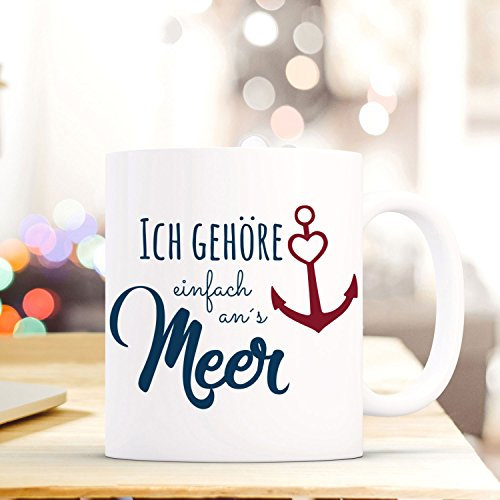 ilka parey wandtattoo-welt® Tasse mit Ankermotiv Spruch Becher Kaffeetasse Kaffeebecher Maritim mit Anker und Spruch Ich gehöre an's Meer ts488