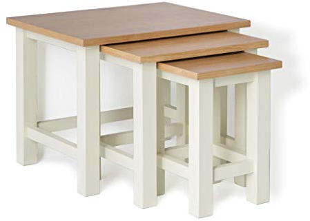 RoselandFurniture Farro Cream Nest of Coffee Tables for Living Room | Set of 3 Nesting Side Units with Oak Top, Painted Finish, Contemporary Style, H41cm W50.5cm D40cm