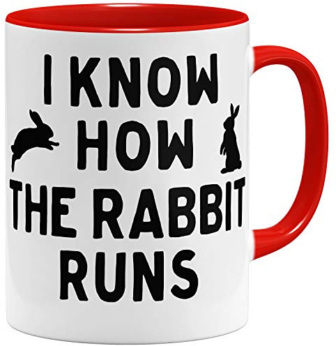 OM3® I know how the rabbit runs - Tasse mit Spruch Denglisch - Keramik Becher - 11oz 325ml - Beidseitig Bedruckt - Rot