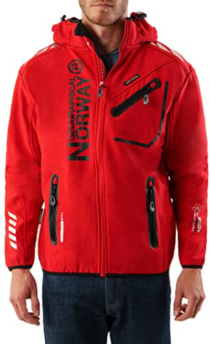 Geographical Norway Royaute Men - Veste Softshell Capuche Homme Impermeable - Manteau Outdoor Blouson Coupe Vent Tactique Resistant - Randonnee Ski Automne Hiver Printemps (Rouge Noir 3XL)