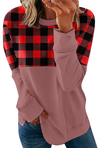 YMING Femme Sweat-Shirt Décontracté Ample Et Manches Longues avec Imprimé Plaid, Rose S