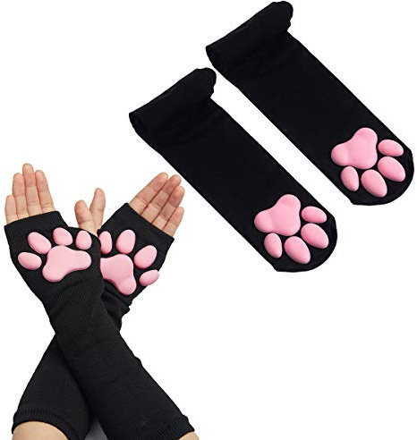 Cat Paw Thigh High Socks and Gloves, Cute 3D Toe Beans Socks Mittens Kitten Claw Pads for Women Cosplay, Black, One Size