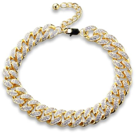 HALUKAKAH Cheville de Chaîne Cubaine en Diamant Plaqué Or 18 Carats pour Hommes - Plus de 300 Diamants Sertis à la Main - 13mm Longueur 24,5cm avec Chaîne d'Extension Ajustable - Avec Boîte Cadeau