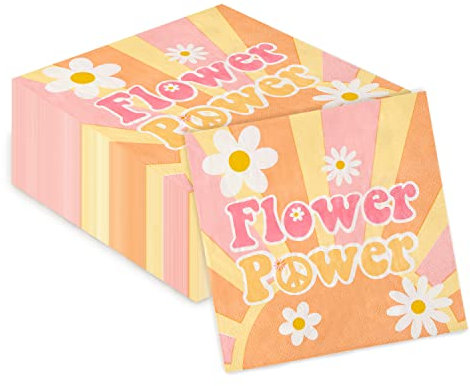 AIDIEE 2 Ply Groovy Napkins Dasiy Disposable Paper Serviettes Pink Orange Cocktail Beverage Luncheon Guest Napkins Retro Party Geschirr Party Dekoration für Geburtstag Picknick Abendessen, 50 Stück