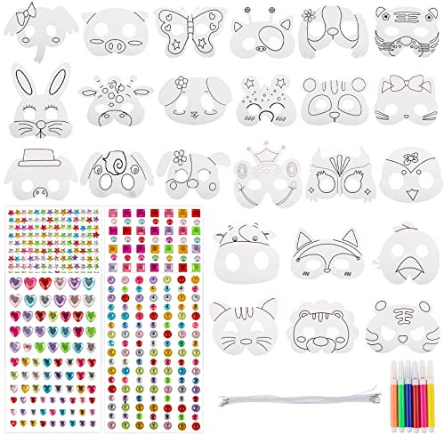 COLOFALLA 24 Stück Masken zum Ausmalen für Kinder Tiermaske zum Bemalen Papiermaske 4 Blatt 588pcs Strasssteine Selbstklebend Geschenk Mitgebsel für Halloween Weihnachten Geburtstag Mottoparty (B)