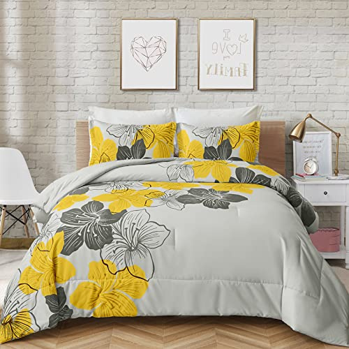 Menghomeus Bettwäsche-Set für Kingsize-Betten, gelbes Blumenmuster und Grau, weiche Mikrofaser, leicht, Boho-Bettwäsche-Set für alle Jahreszeiten (1 Steppdecke, 2 Kissenbezüge)