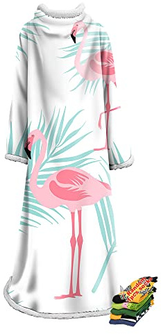 Hearda Oversized Kuscheldecke mit Ärmeln, Wearable Decke Tropischer Flamingo-Print Flauschige Warm Plüsch Extra Lang TV-Decke, Fleecedecke für Erwachsene Damen Herren (Flamingo,127x178cm)