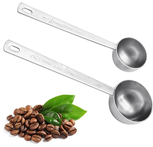 Cuchara Medidora para Café Molido, 2 piezas Cucharas de Café de Acero Inoxidable 15 ml y 30 ml, Cucharas Café Mango Largo para Medir Todo Tipo de Polvo y Líquido