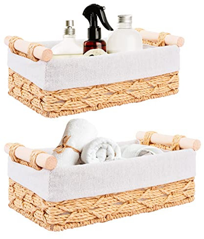 Happy Fox Set of 2 Seagrass Wicker Baskets Bins with Removable Liners,For Shelf Bathroom Kitchen Home Desk (Set of 2 Seagrass)… (Modern)