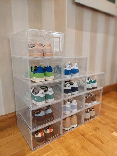 ABBAware Clear Plastic Shoe Box with Super Transparent Door, Storage Boxes, Stackable Shoe Organiser Container, fits up to UK size 11. Pack of 12