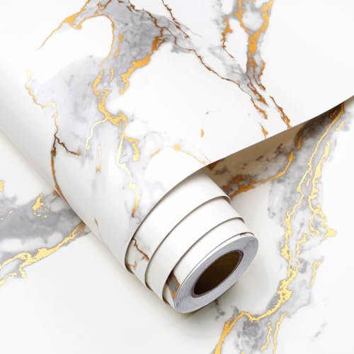 FunStick 60CMx5M Revêtement Plan de Travail Adhésif Cuisine Blanc Papier Peint Adhesif Mural Marbre Blanc et Doré Papier Peint Salon Salle a Manger Effet Marbre Stickers Placard Chambre Salon Or