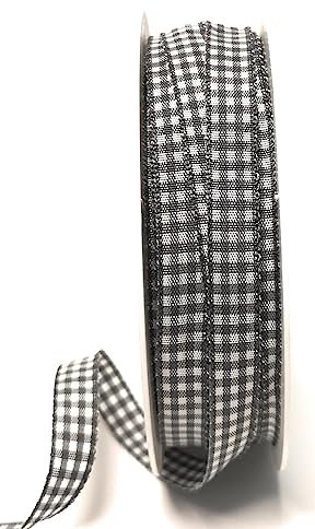 s.dekoda Schleifenband 50m x 10mm Grau - Weiß Karoband Vichykaro gewebtes Dekoband kariert