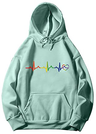 Kordel Schlitten Frauen Casual Solid Color Hooded Love Printed Hooded Pockets Sweatshirt Kleidung Tasche (Mint Green, XXXXL)