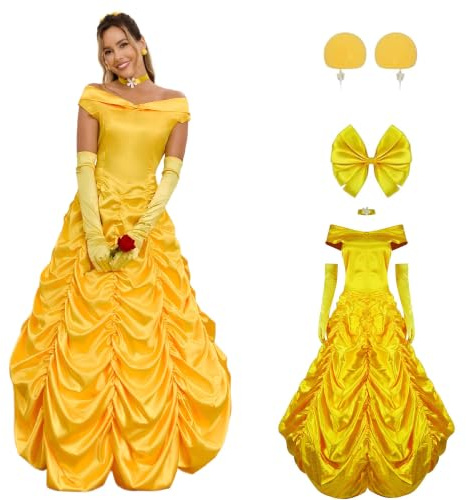 Poboola Belle-Kostüm für Damen und Erwachsene, Prinzessinnen-Kostüme, Halloween, Cosplay, Party, gelbes Kleid, langes Kleid, Schönheitsoutfit