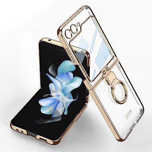 CeeEee Hülle für Samsung Z Flip 5 Transparent Handyhülle Stoßfest Dünn Klappbar Case für Galaxy Z Flip 5 5g mit Ring Ständer - Gold